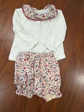 Girls Floral Cream & Pink Matching Set with Ruffle Collar